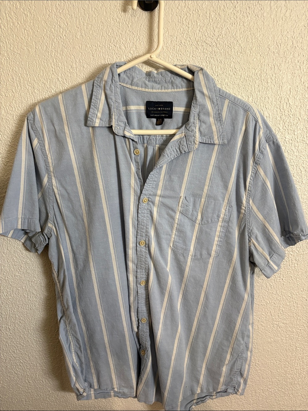 Lucky Brand Light Blue and White Striped Short-Sleeve Button-Up